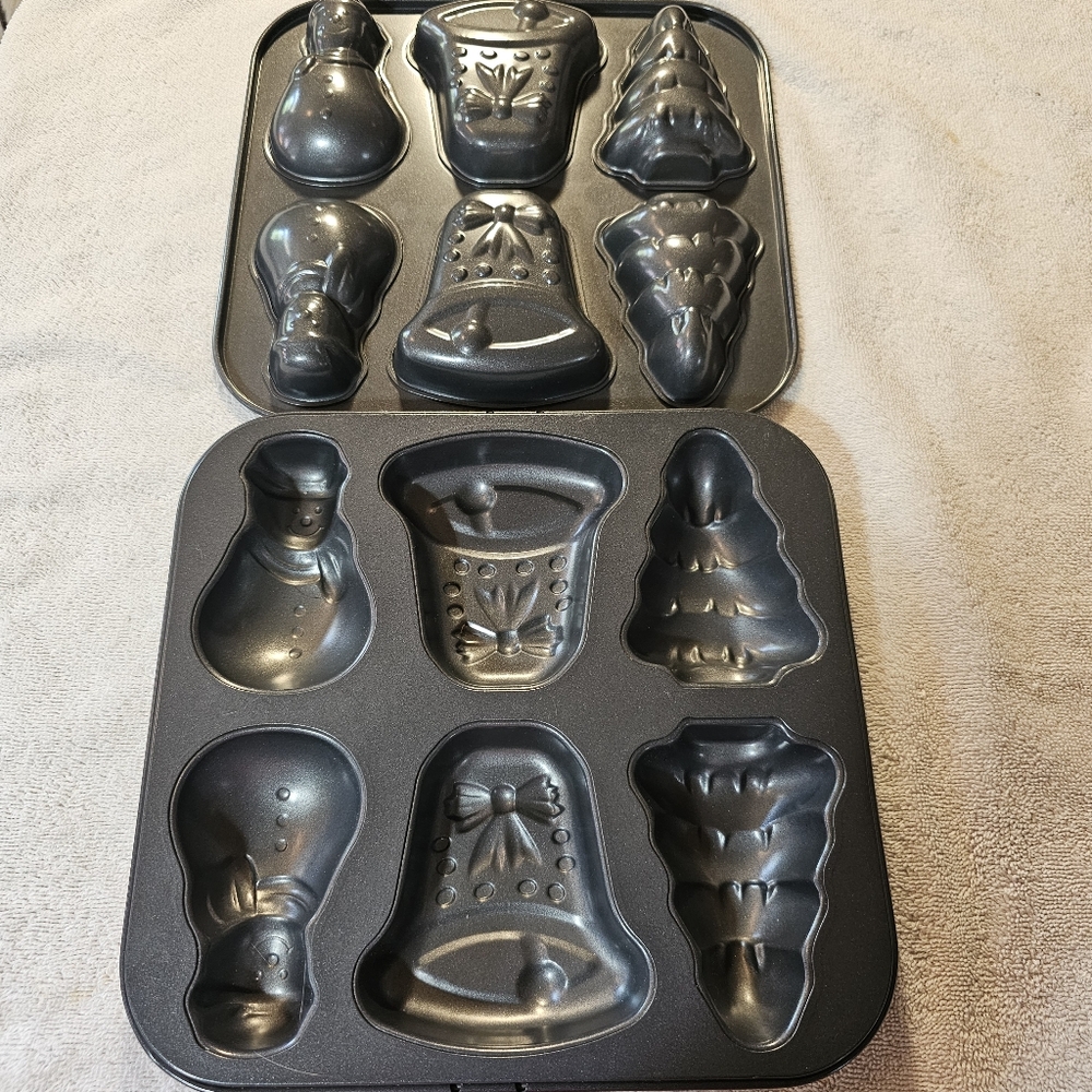 2 Mini Christmas Cake/Cookie Pans With 6 Molds Per Pan Snowman Tree Bell
